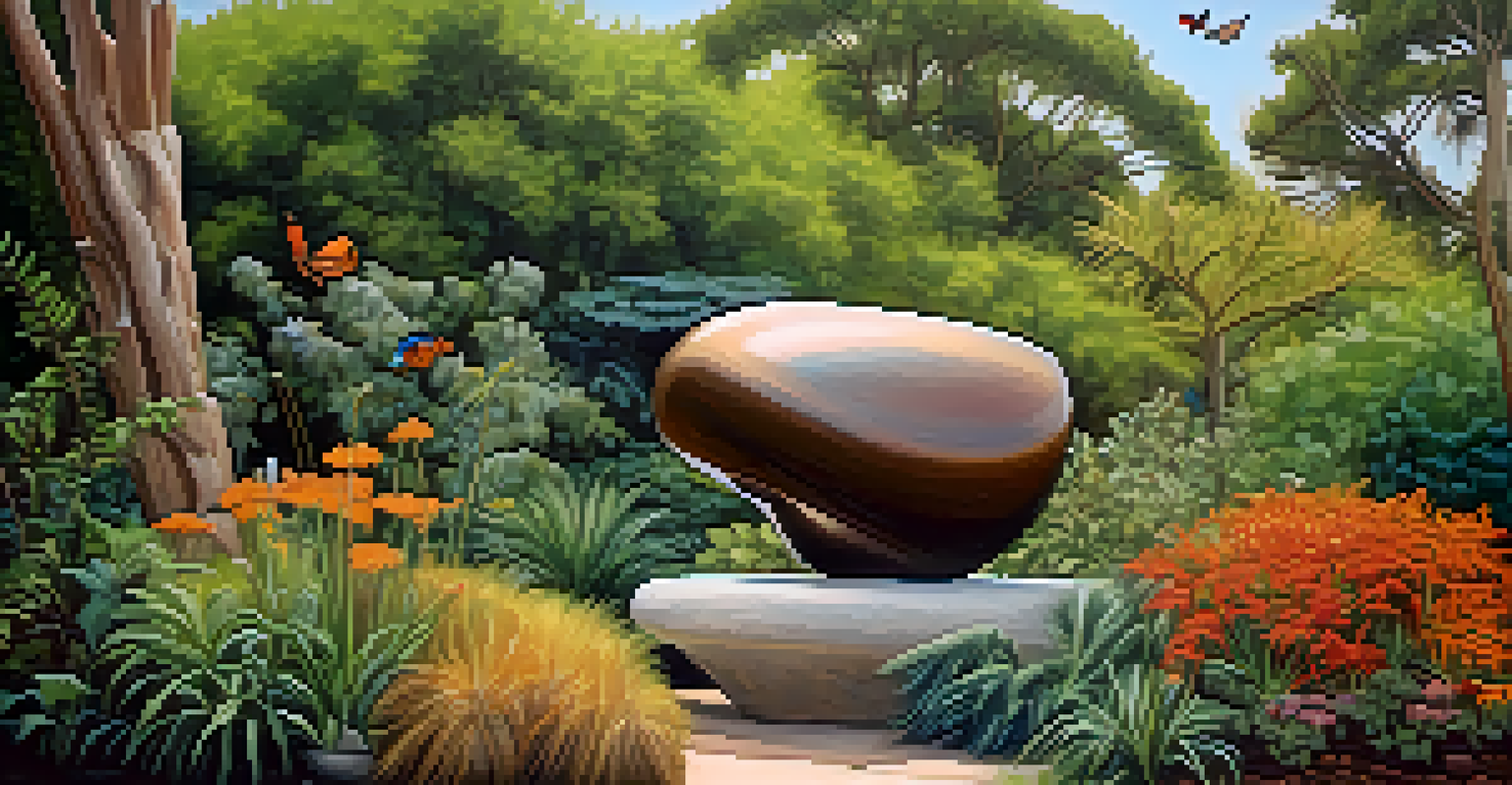 A close-up of an abstract sculpture made from natural materials in a sculpture park, surrounded by native plants and wildlife.