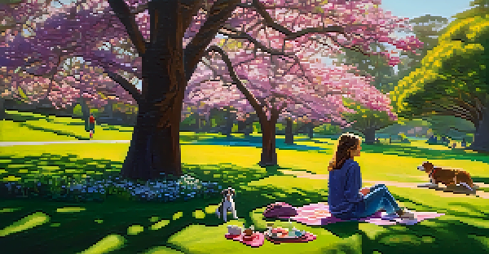 A person enjoying a picnic with their dog in a flower-filled park during springtime.