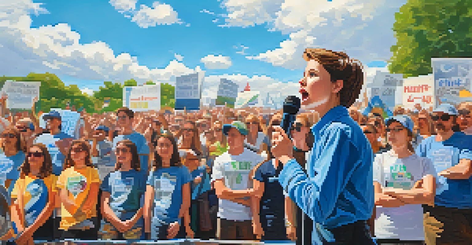 A young activist speaking at a rally with a crowd holding signs for climate action under a blue sky.