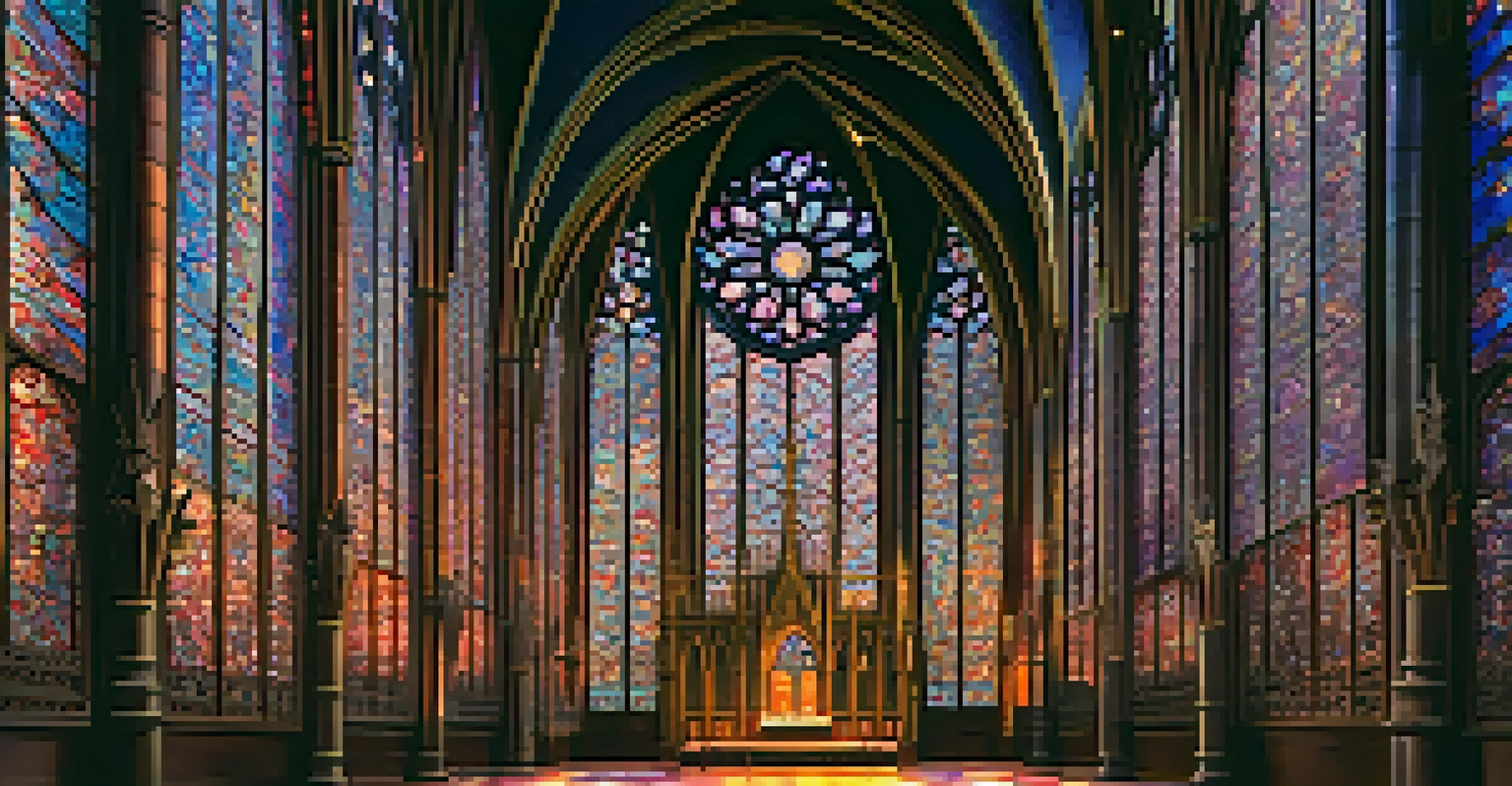The interior of Sainte-Chapelle chapel with colorful stained glass windows illuminated by sunlight.