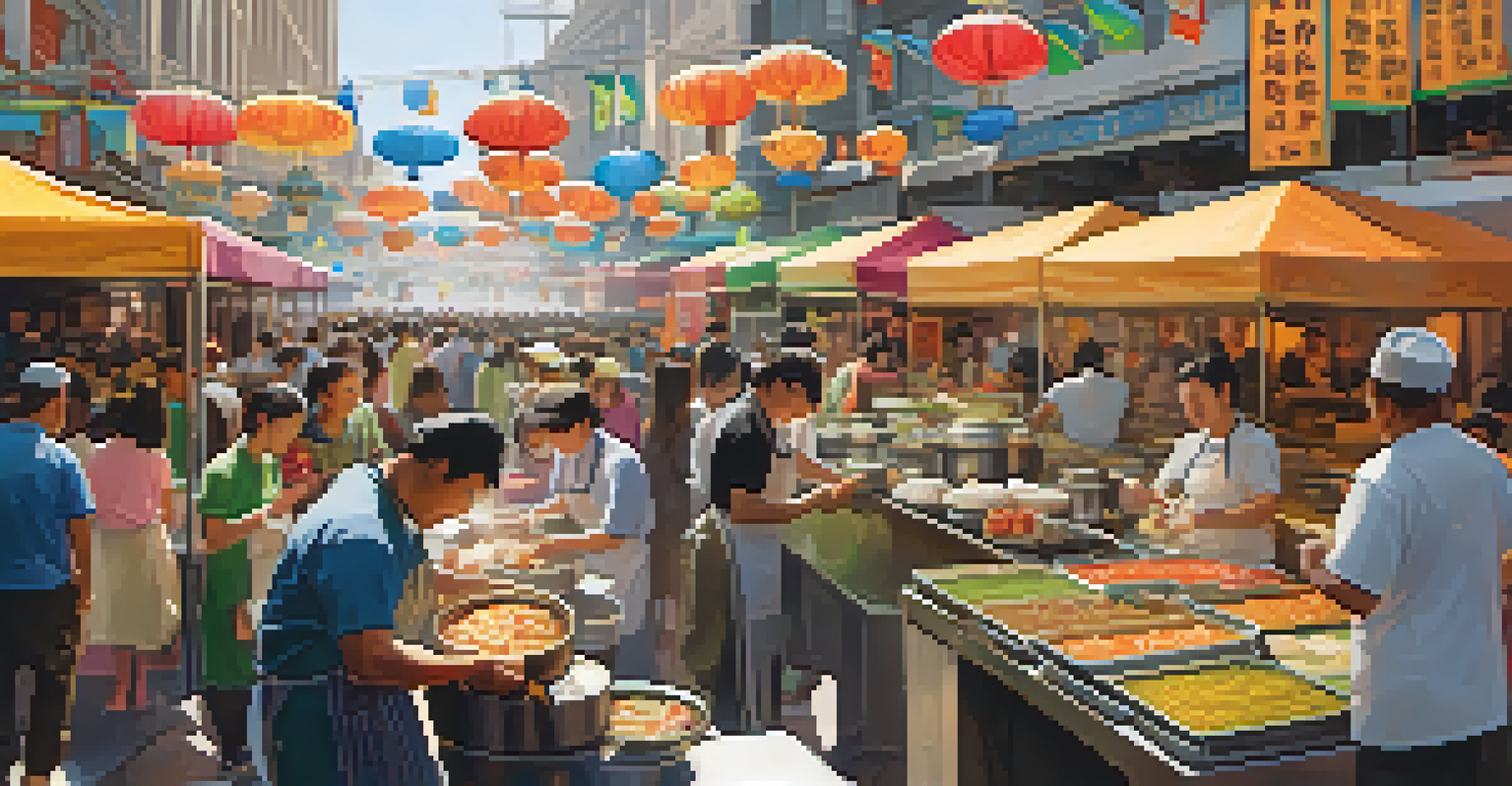 A food festival in San Francisco showcasing diverse Asian cuisines, with chefs and colorful food stalls.