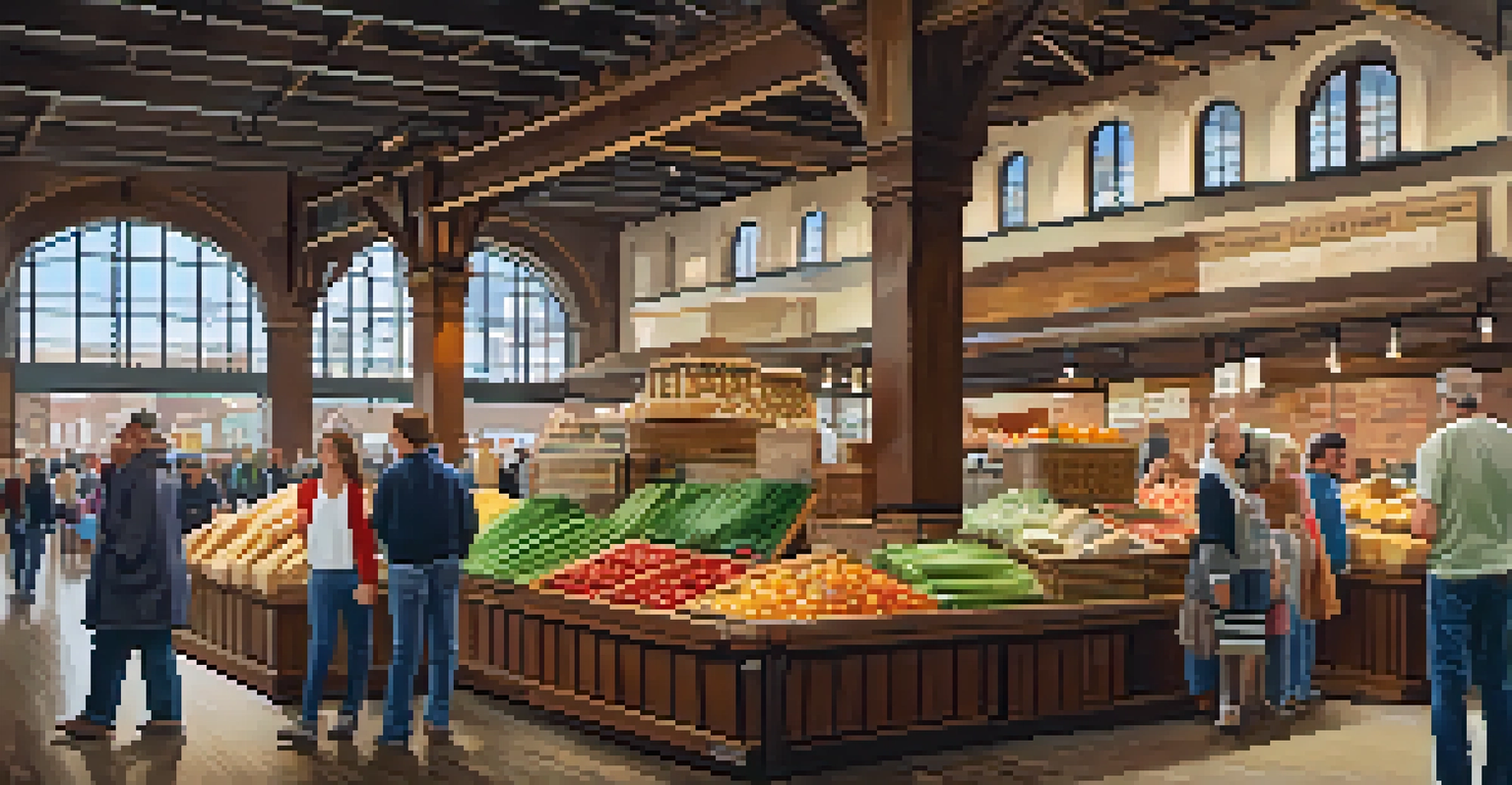 Inside the Ferry Building's marketplace, featuring wooden beams and colorful food stalls with visitors enjoying the atmosphere.