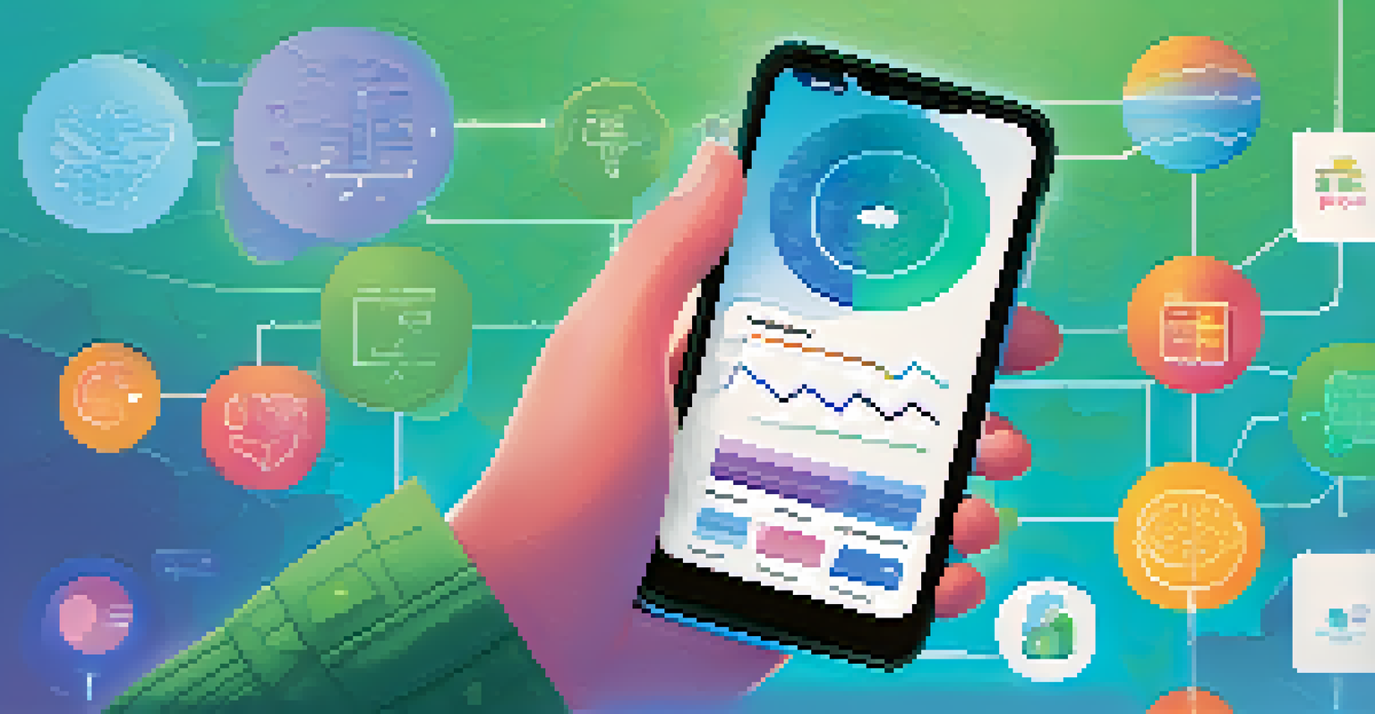 A smartphone displaying a mental health app with charts and calming images.