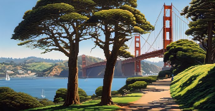 A scenic view of the Golden Gate Bridge seen from the Presidio, with green trees and historical buildings in the foreground under a blue sky.
