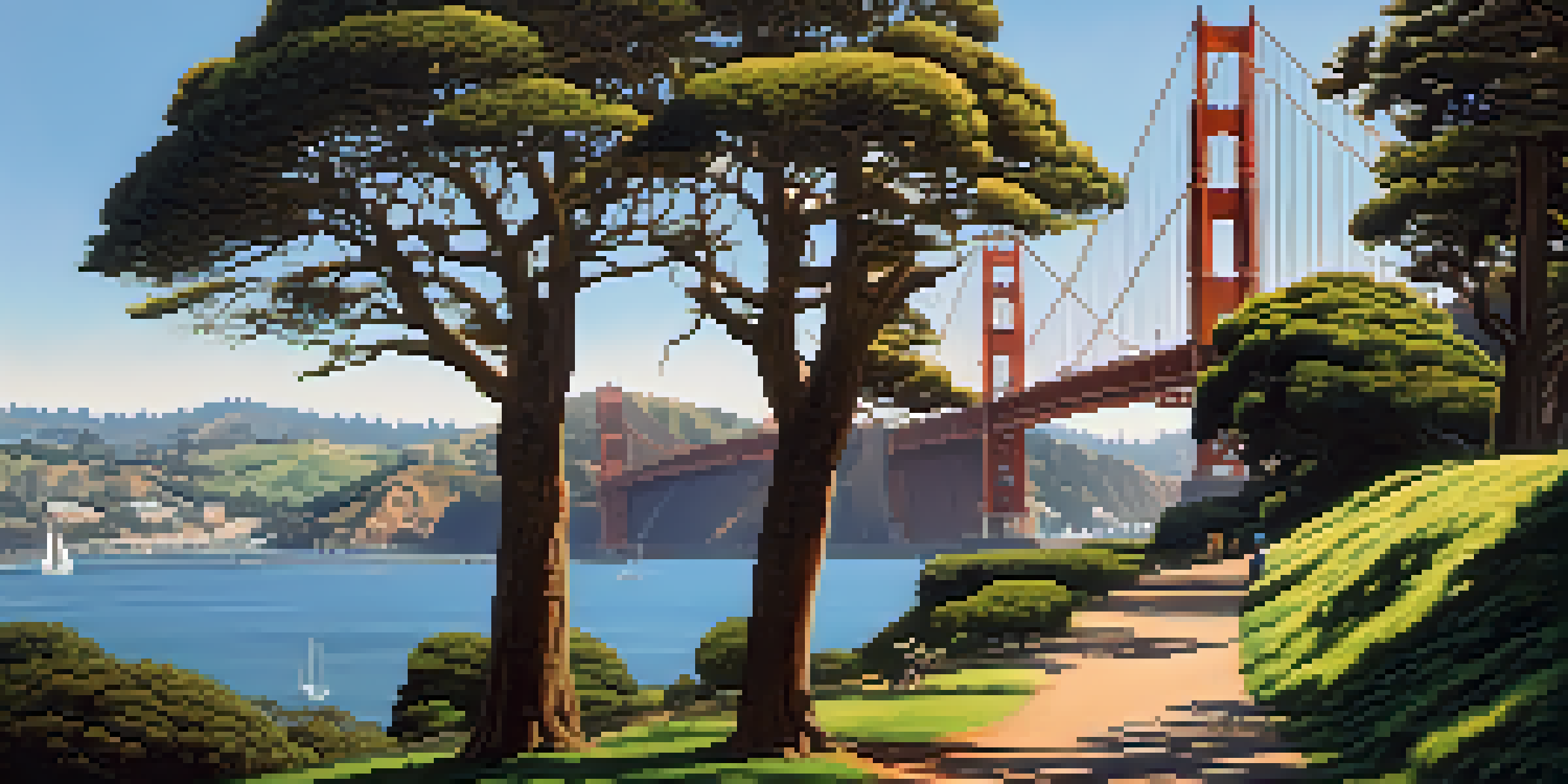 A scenic view of the Golden Gate Bridge seen from the Presidio, with green trees and historical buildings in the foreground under a blue sky.
