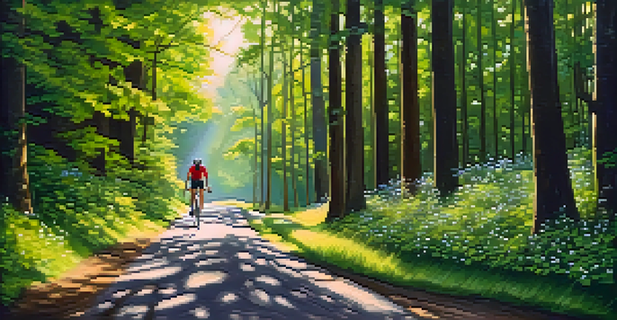 A cyclist riding on a tranquil forest trail with sunlight filtering through the trees and wildflowers along the path.