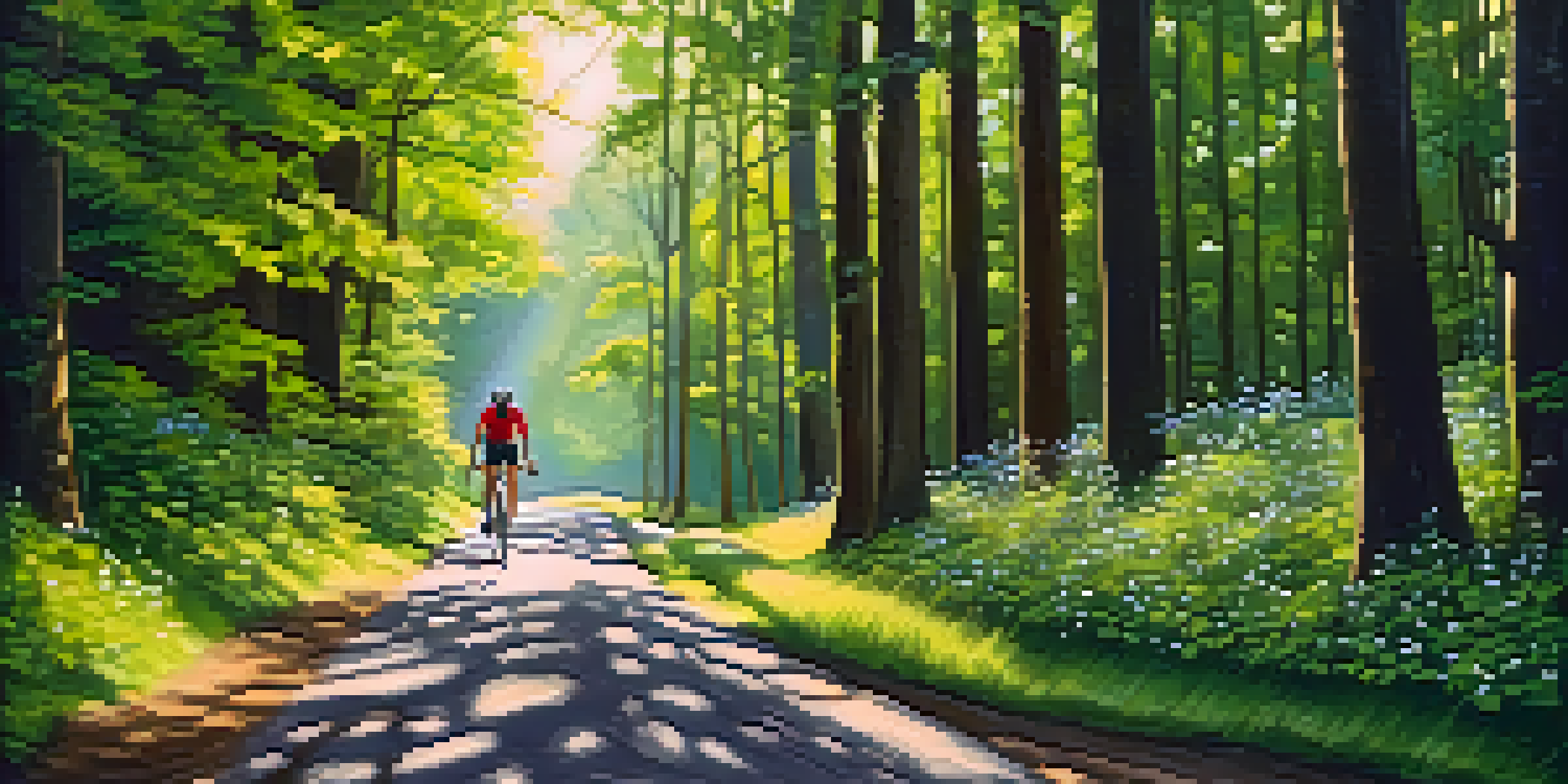 A cyclist riding on a tranquil forest trail with sunlight filtering through the trees and wildflowers along the path.