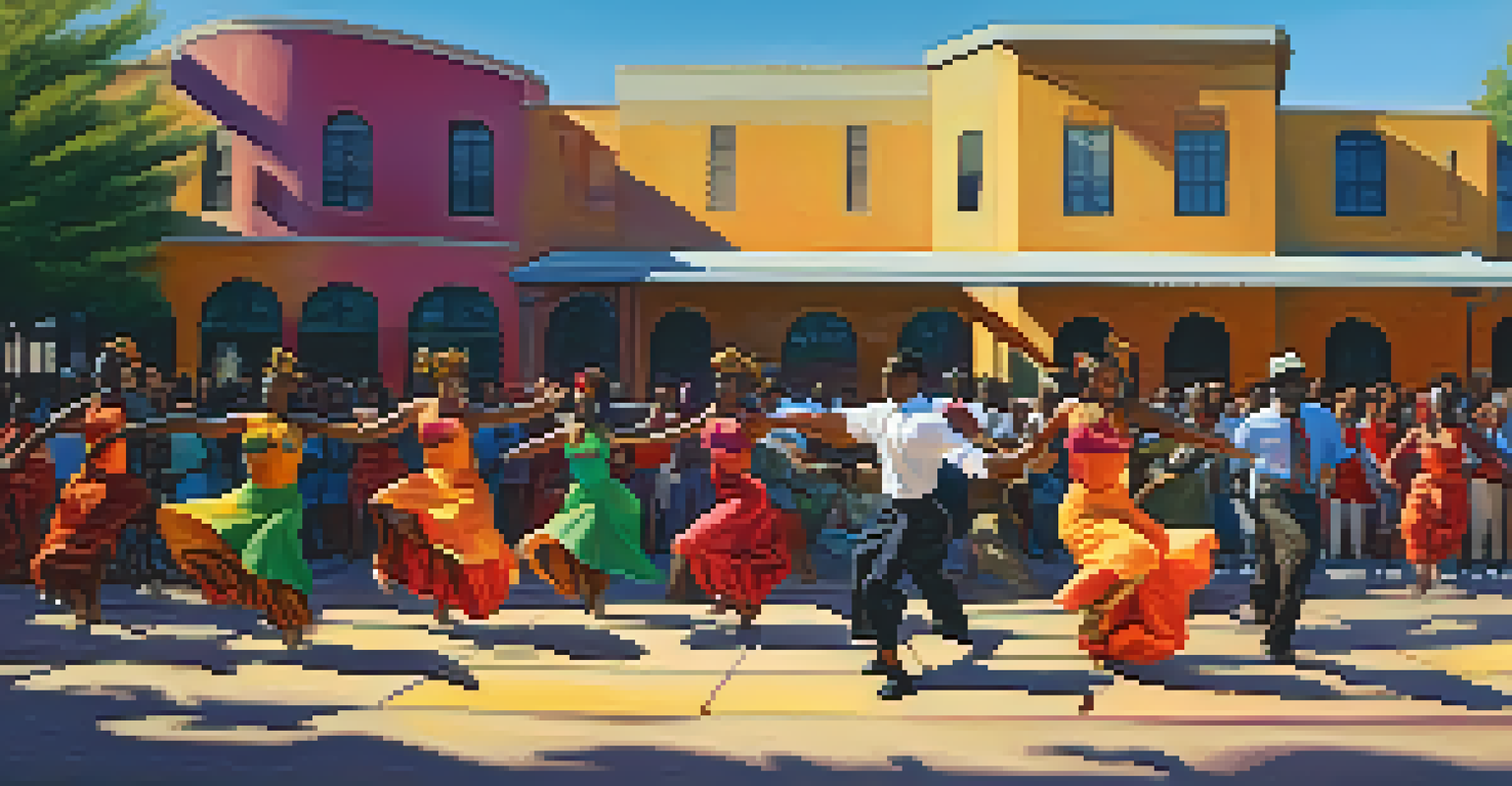 A vibrant outdoor dance performance at the African American Arts & Culture Complex, showcasing dancers against colorful murals.