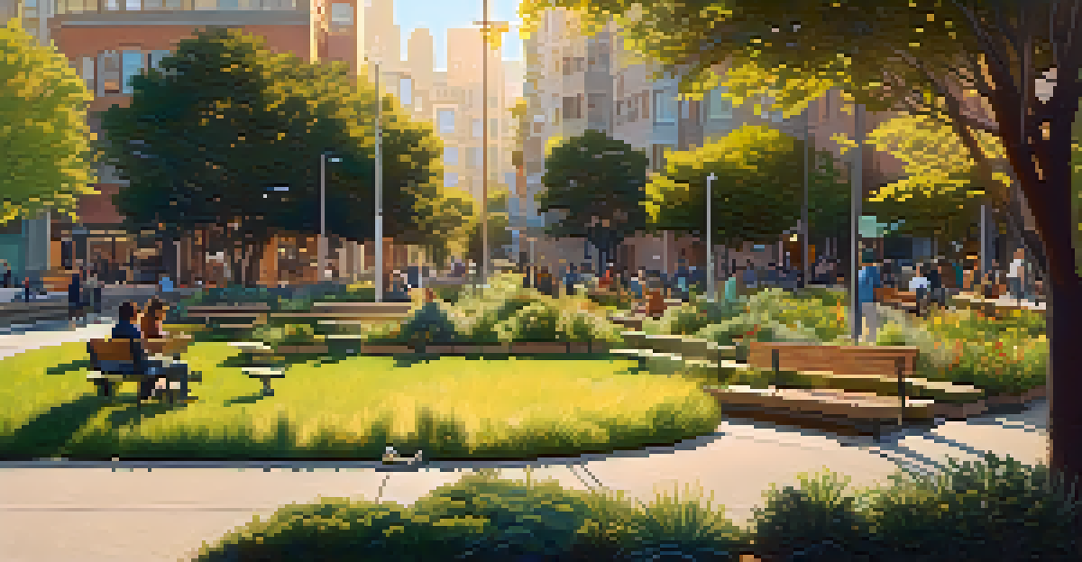 A peaceful park in San Francisco with residents enjoying the green space, surrounded by urban buildings and warm golden light.