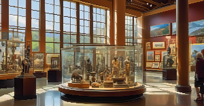 A lively museum interior filled with diverse cultural artifacts and engaged visitors.