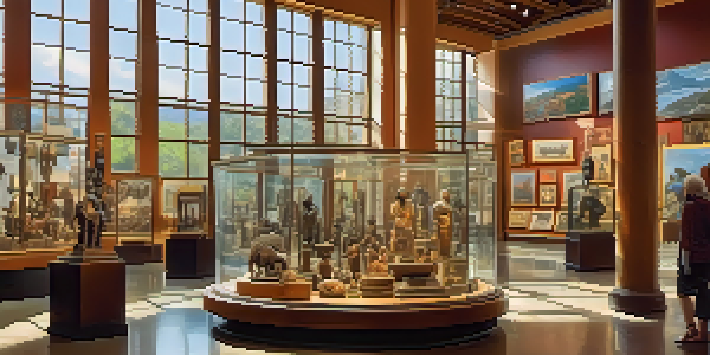 A lively museum interior filled with diverse cultural artifacts and engaged visitors.