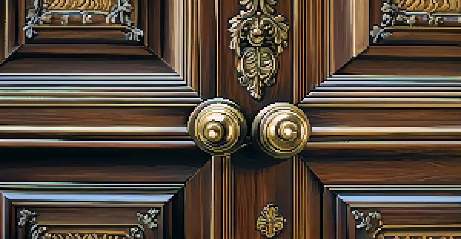 A close-up view of an ornate Victorian door with detailed woodwork and a brass doorknob, showcasing its historical craftsmanship.