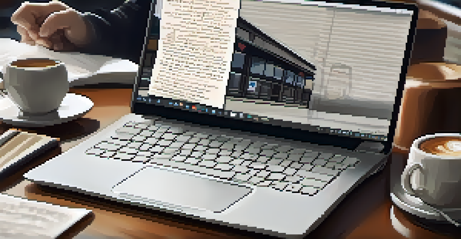 Hands typing on a laptop in a café, with notes and a coffee cup nearby, creating a productive ambiance.