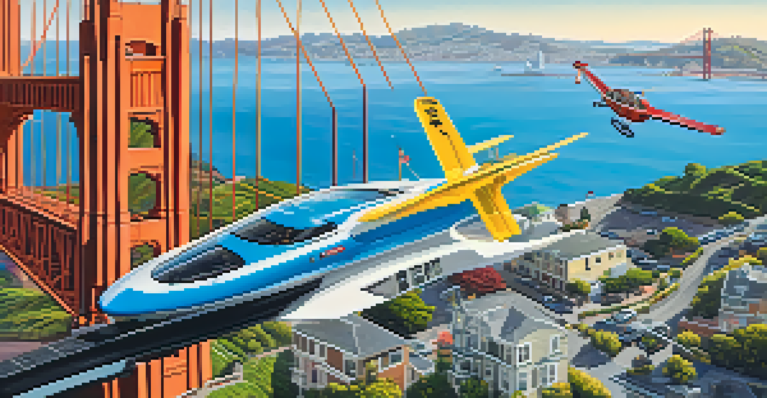 A flying taxi taking off from a rooftop in San Francisco with the Golden Gate Bridge visible in the background.
