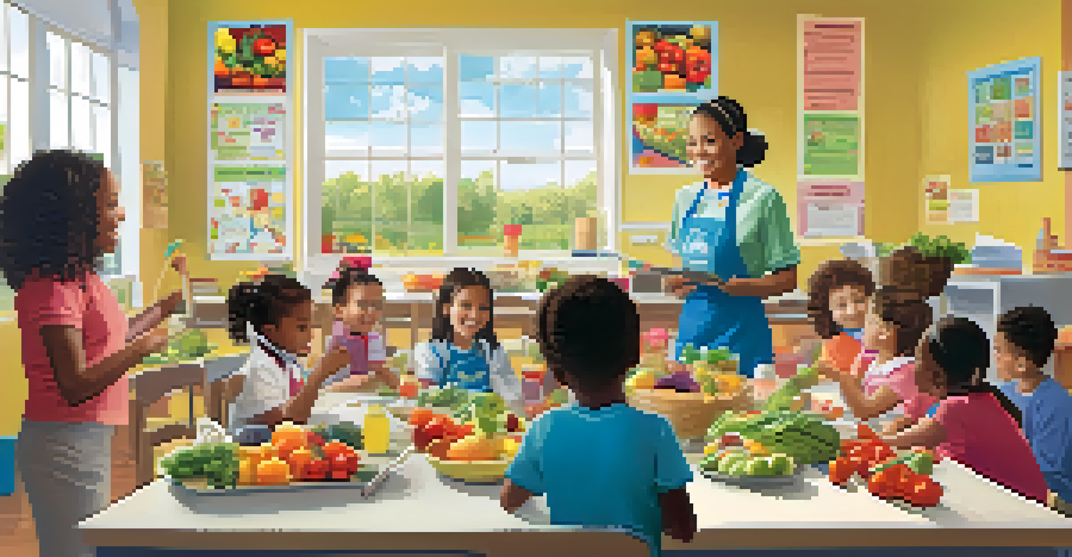 Children in a colorful classroom participating in a cooking class about nutrition.