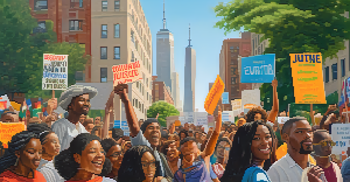 A lively urban protest with diverse people holding colorful signs for social justice, set against a warm, sunlit city skyline.