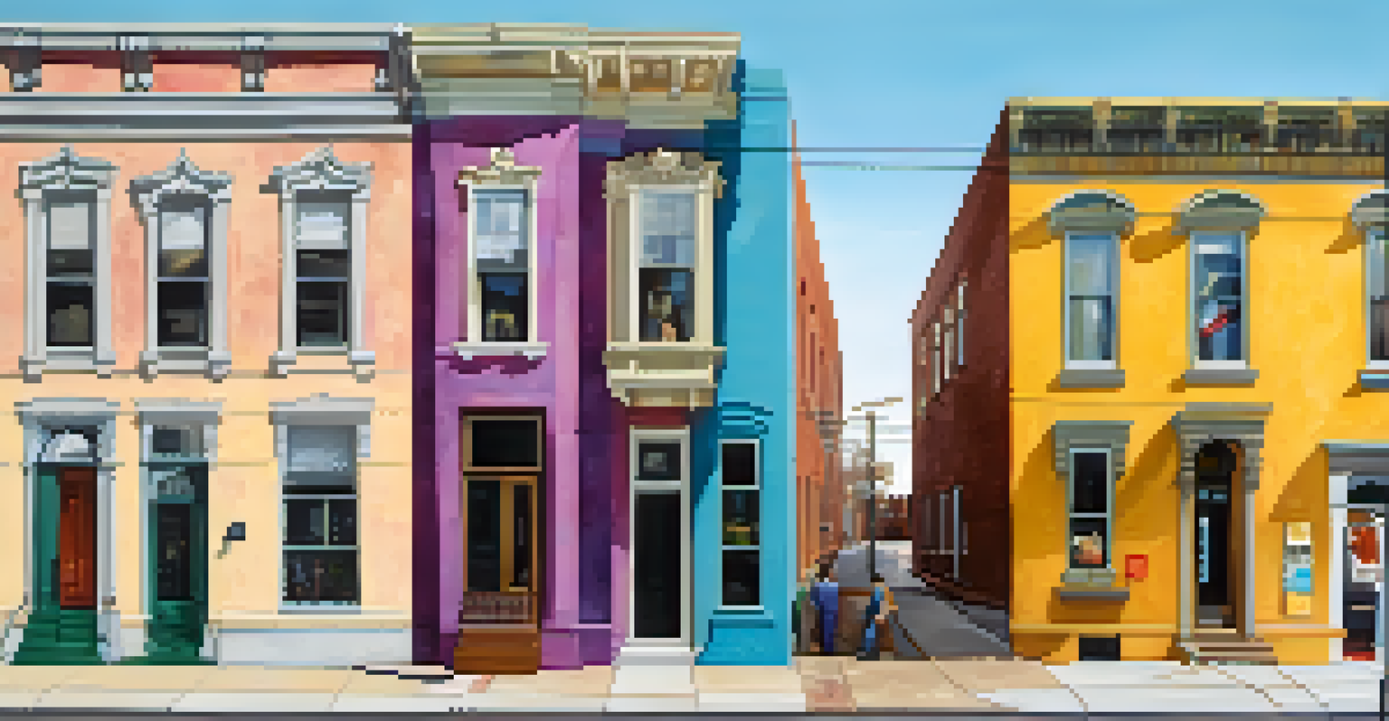 A neighborhood depicted before and after gentrification, showcasing older homes on one side and renovated buildings on the other.