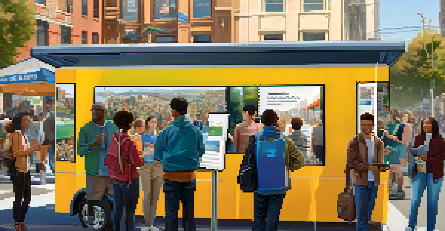 A community event in San Francisco with residents discussing public transit accessibility, featuring information booths and banners promoting initiatives.