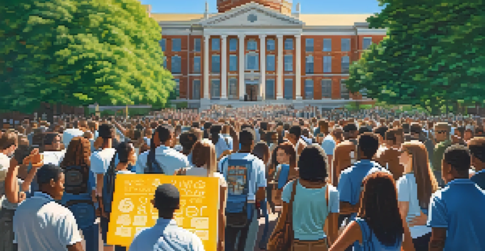 A lively university campus filled with diverse students participating in a social justice rally, surrounded by historic buildings and nature.