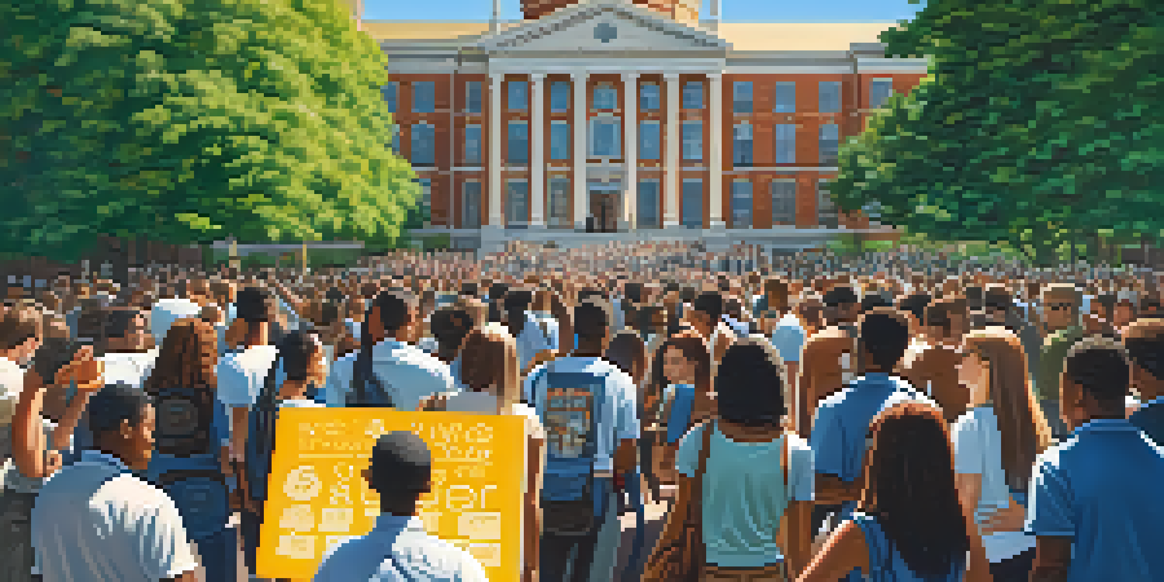 A lively university campus filled with diverse students participating in a social justice rally, surrounded by historic buildings and nature.