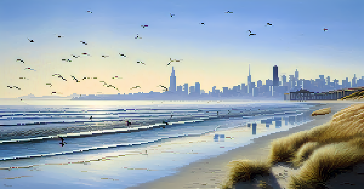 A sandy beach with shorebirds foraging along the water's edge and the San Francisco skyline in the background.