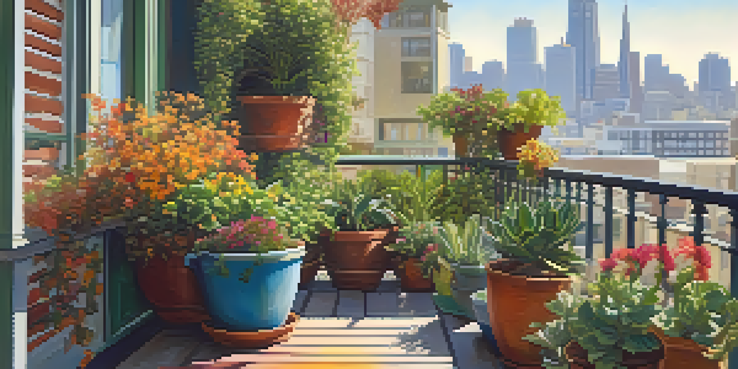 A colorful urban garden on a balcony in San Francisco, featuring hanging planters and a view of the city skyline.