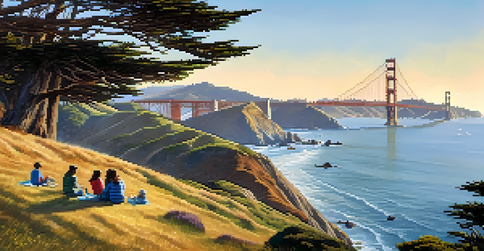 A family having a picnic at Lands End Lookout with the Golden Gate Bridge and Pacific Ocean in the background.