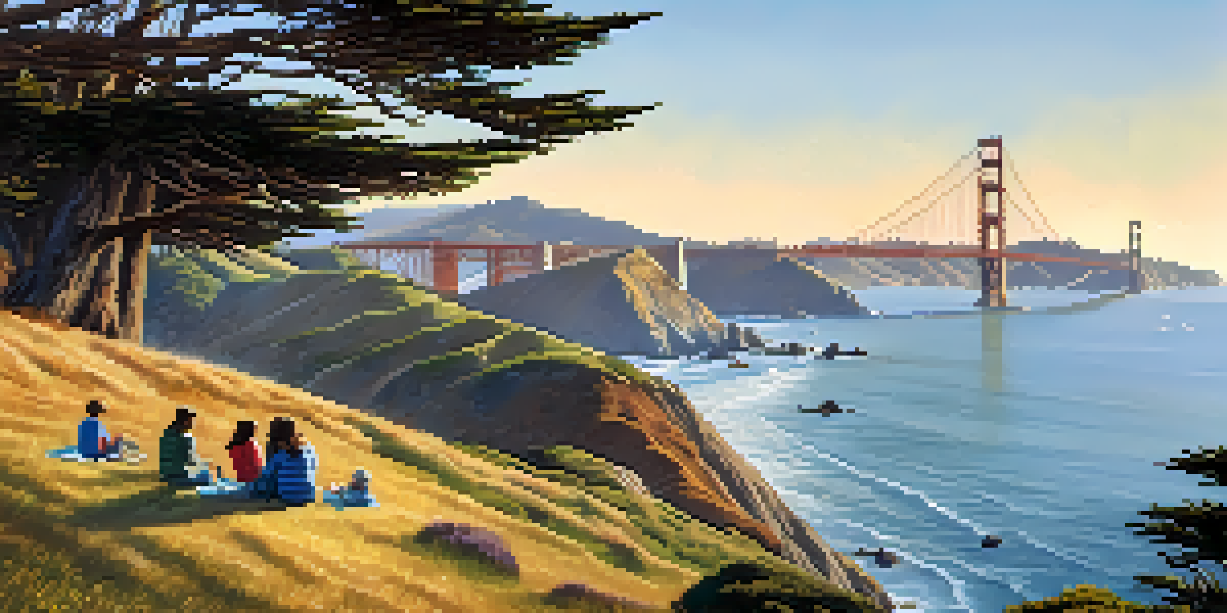 A family having a picnic at Lands End Lookout with the Golden Gate Bridge and Pacific Ocean in the background.