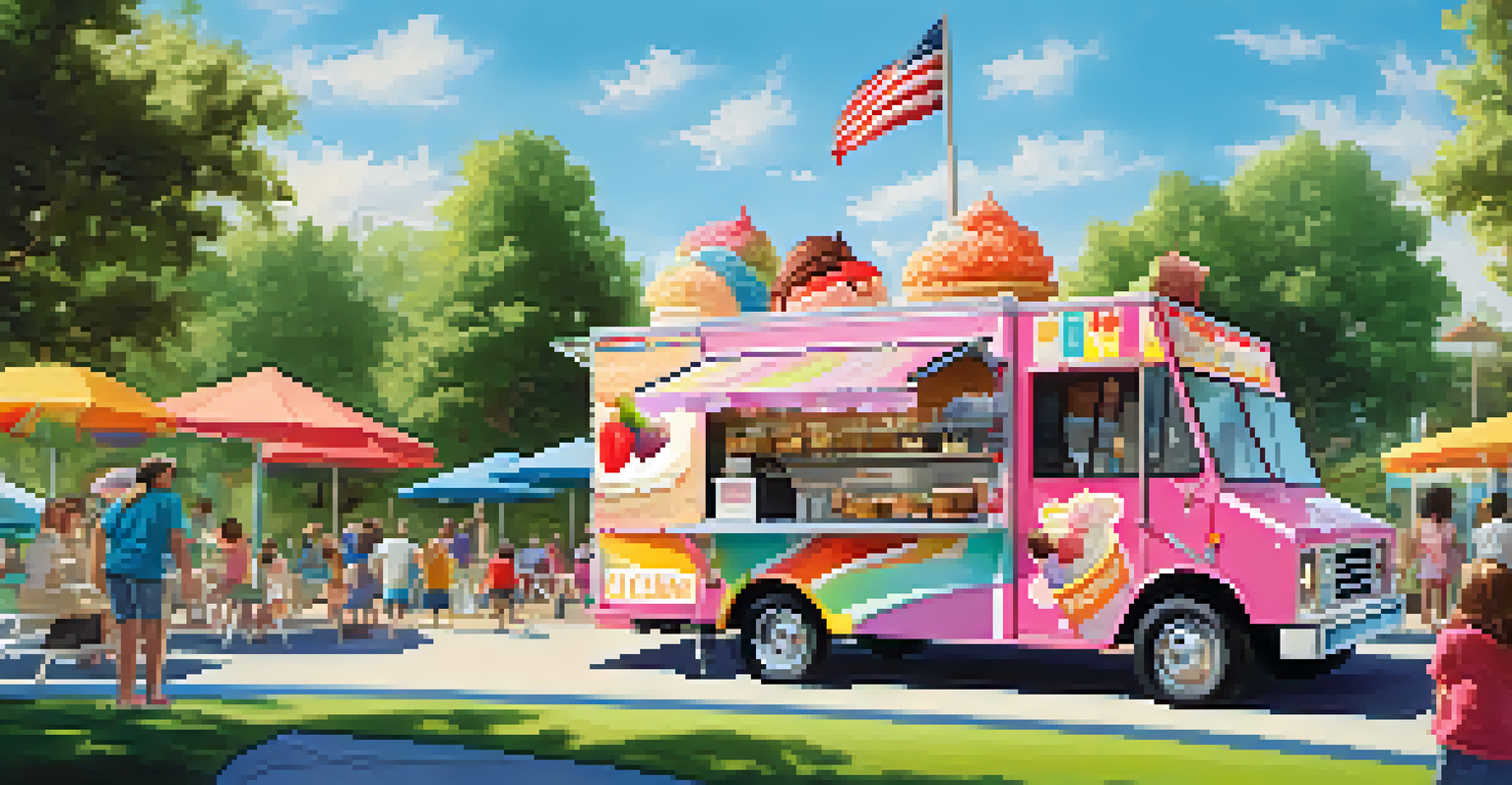 An inviting food truck named Ice Cream Express serving ice cream, with a vendor making a colorful sundae for a customer in a sunny park.