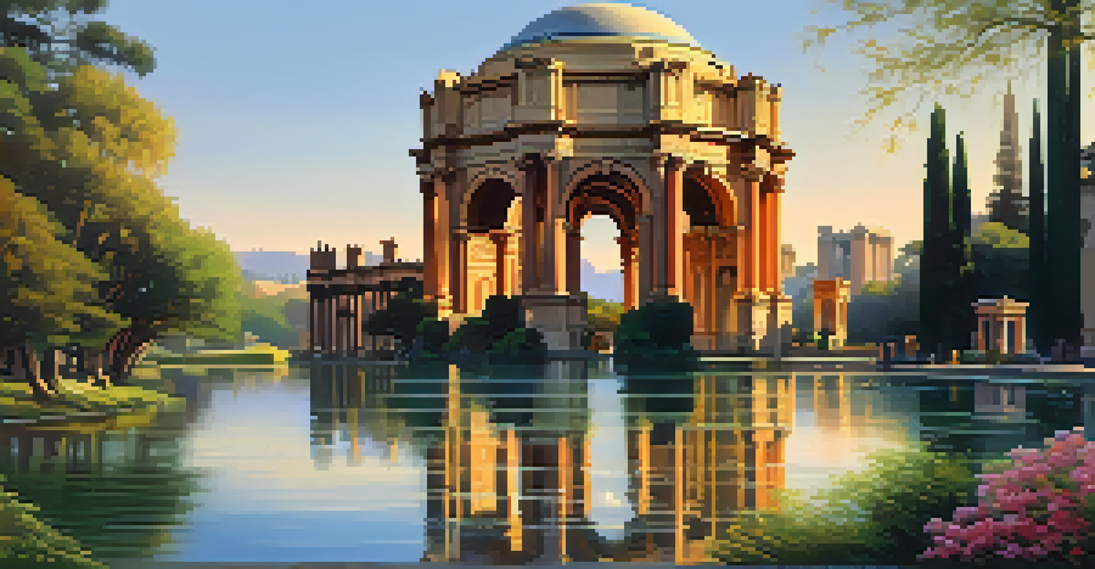 A beautiful view of the Palace of Fine Arts with its architecture and lagoon, featuring a couple walking together.