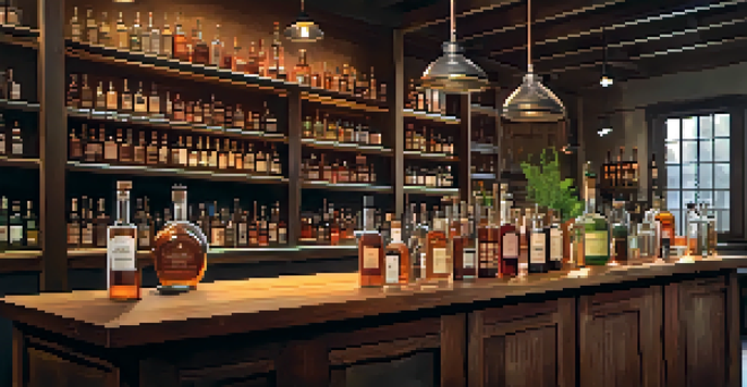 A craft distillery with artisanal spirits on wooden shelves, warm lighting, and a rustic bar.