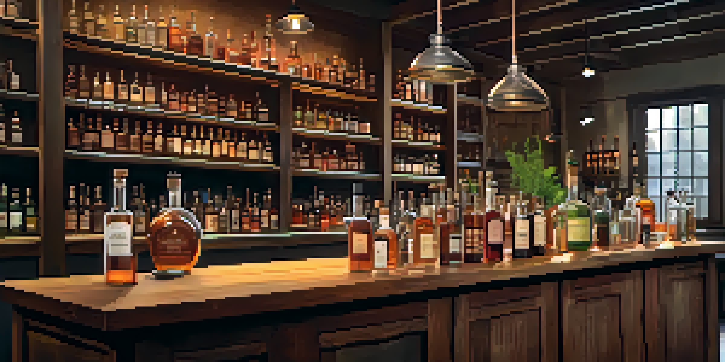 A craft distillery with artisanal spirits on wooden shelves, warm lighting, and a rustic bar.