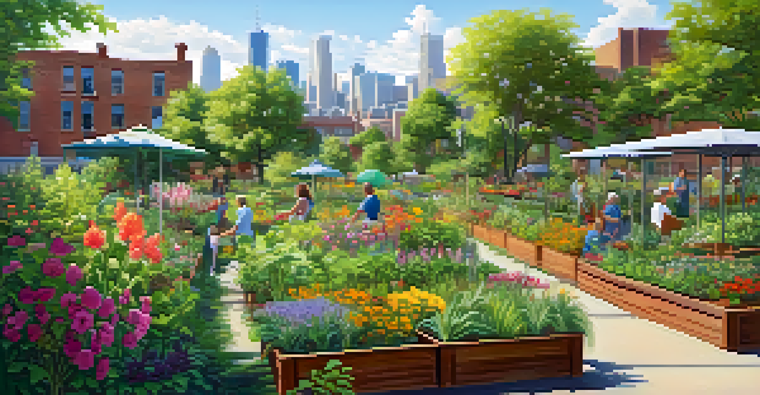 A peaceful urban community garden with residents tending to plants, surrounded by a city skyline in the background.