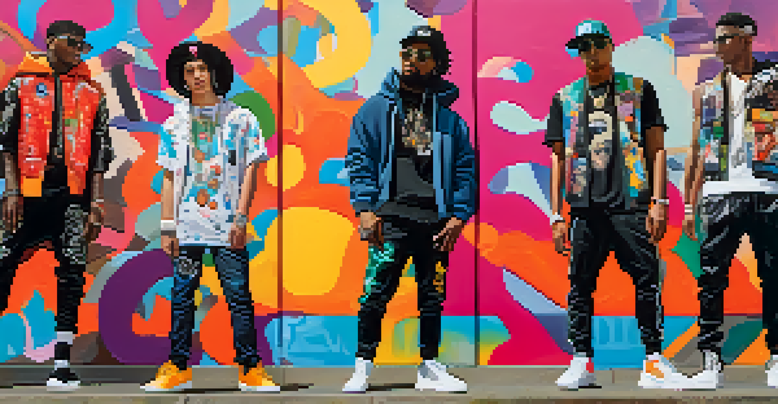 A young man in stylish streetwear poses in front of a colorful mural celebrating Bay Area hip-hop culture.