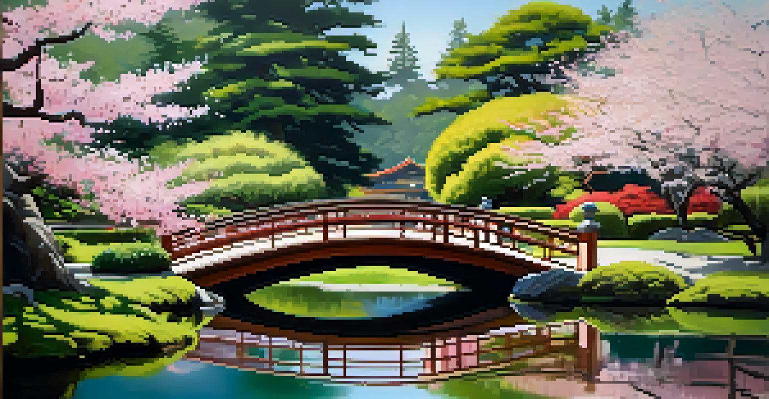 A tranquil scene in the Japanese Tea Garden with a pond, cherry blossoms, and a traditional bridge, showcasing natural beauty.