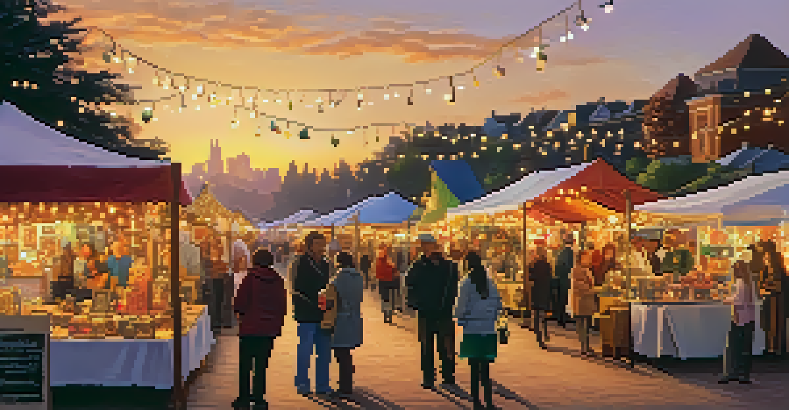 An artisan fair at sunset, featuring illuminated stalls filled with handmade jewelry and artwork, creating a warm and enchanting atmosphere.