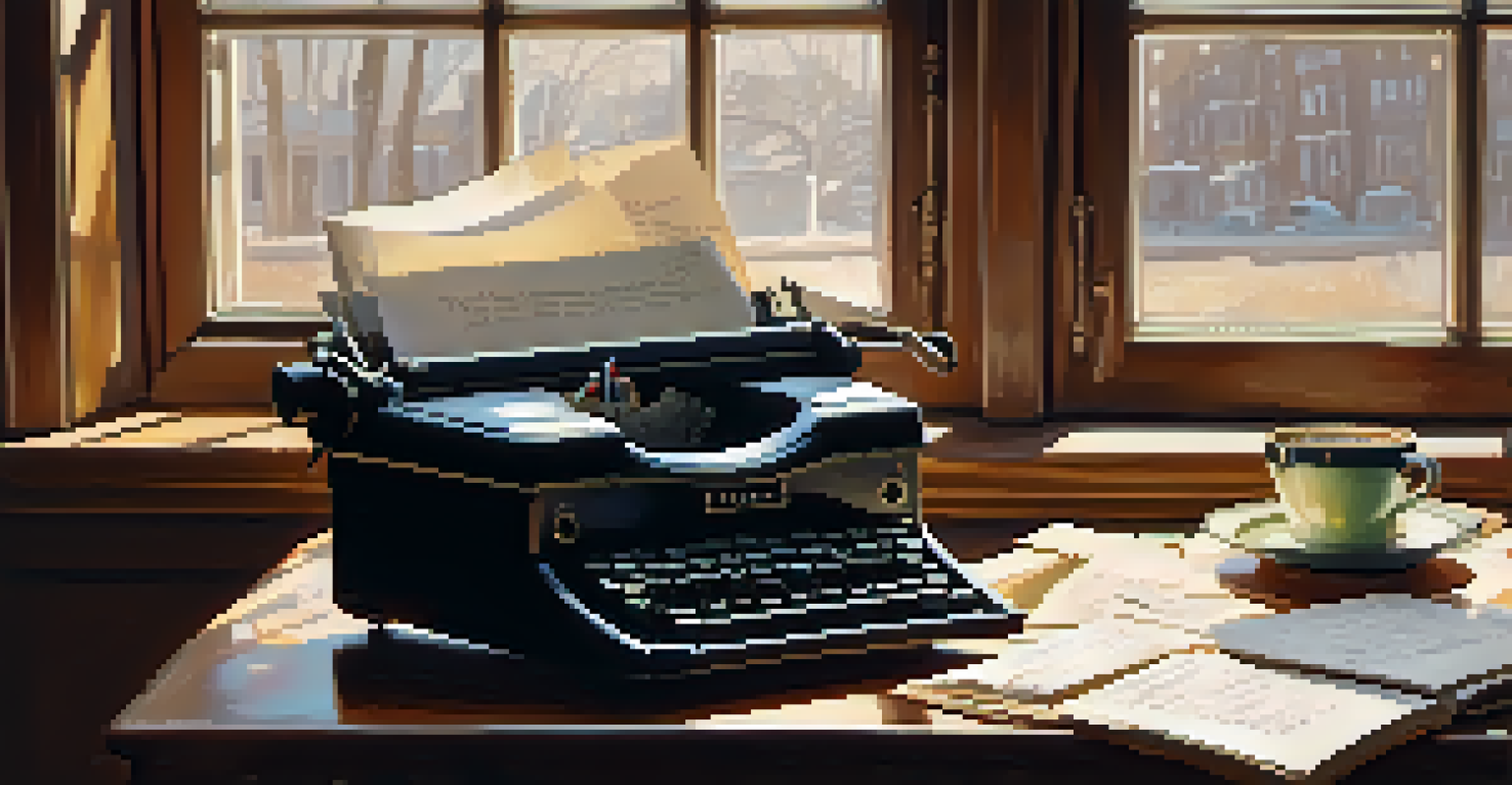 An old typewriter on a wooden desk with scattered handwritten papers and a steaming cup of coffee, illuminated by sunlight.