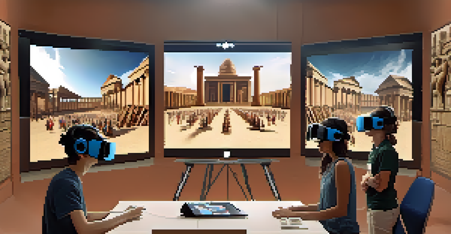 Students in a classroom using virtual reality headsets to explore ancient civilizations, guided by a teacher.