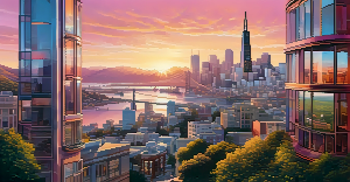 A vibrant sunset over a futuristic San Francisco skyline filled with eco-friendly tech startup buildings.