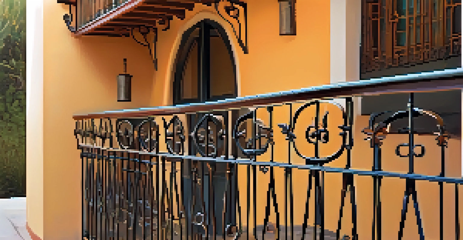 Close-up of Mission Revival architectural details, including wrought iron railing and colorful tiles against a stucco wall.