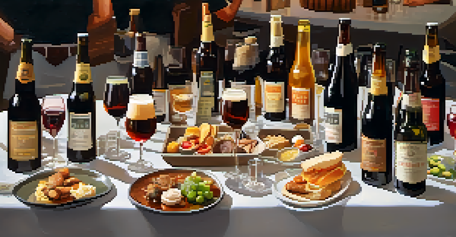 An elegant display of craft beers and wines at the SF Beer & Wine Festival, with tasting glasses and food pairings under soft ambient lighting.