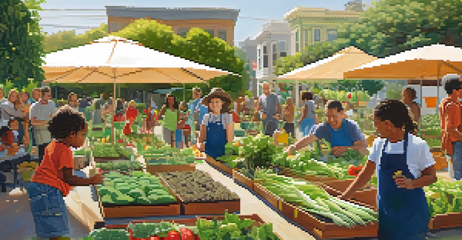 A sunny urban garden in San Francisco with families learning about gardening and nutrition.