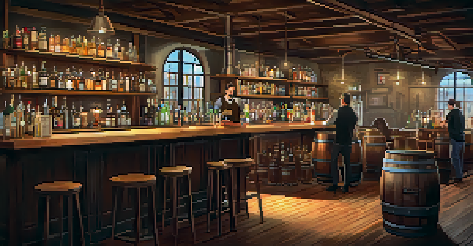 The cozy interior of a craft distillery in California with a wooden bar and vintage distilling equipment.