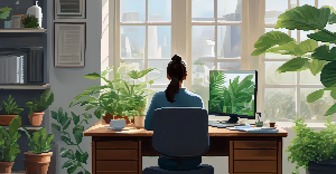 An office environment with a person practicing mindfulness at their desk, surrounded by plants and natural light.