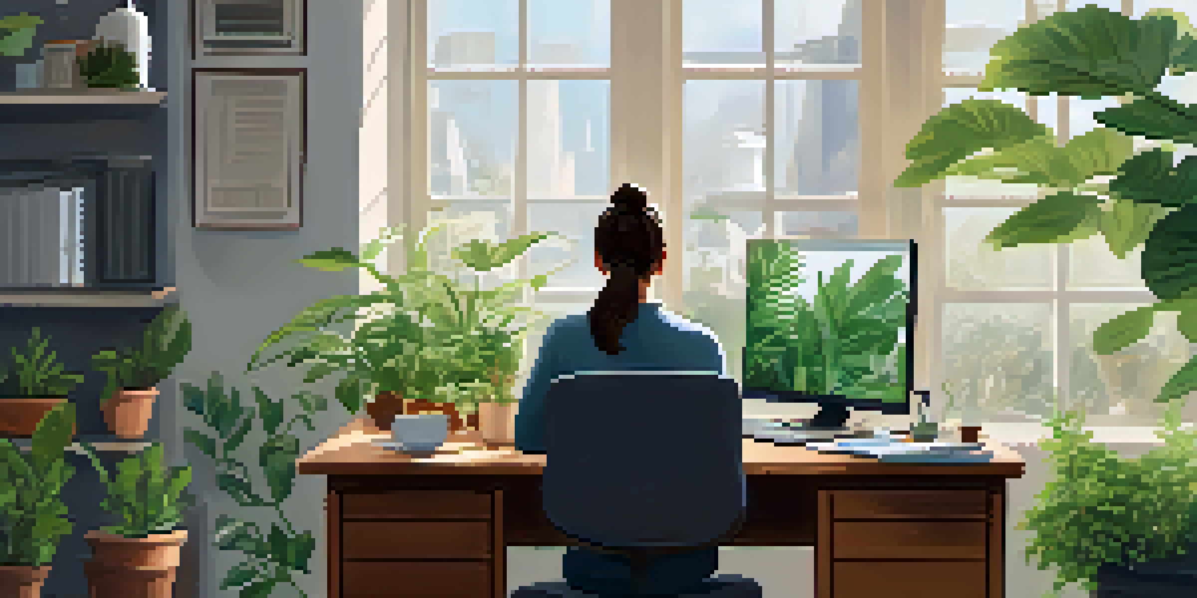 An office environment with a person practicing mindfulness at their desk, surrounded by plants and natural light.