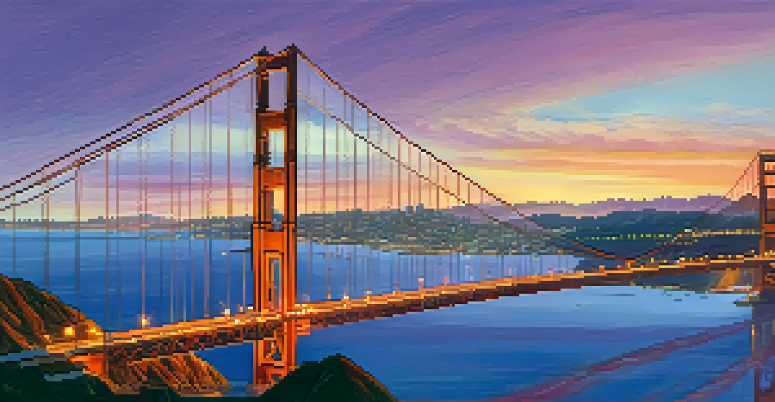 The Golden Gate Bridge at sunset, with a colorful sky and the city skyline in the background.