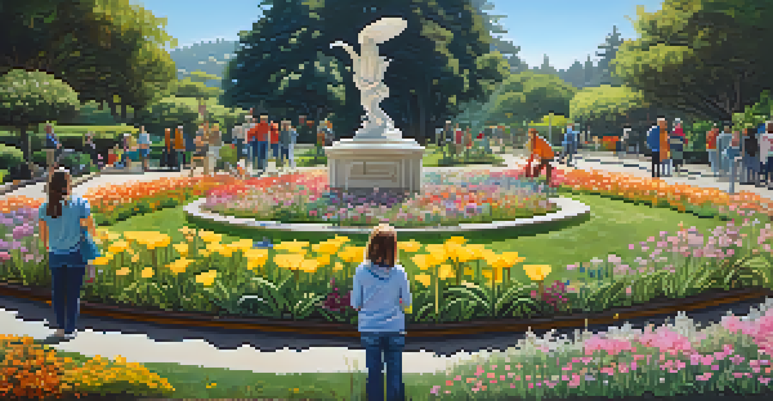Whimsical sculptures in Golden Gate Park with blooming flowers and visitors enjoying the art on a sunny day.