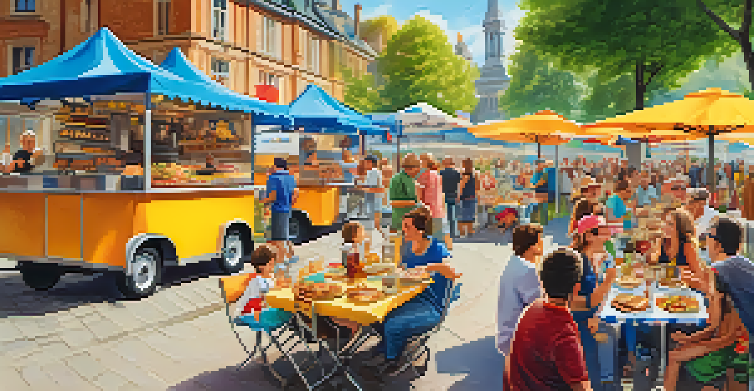 A lively street food festival in Europe with food trucks and people enjoying meals outdoors.