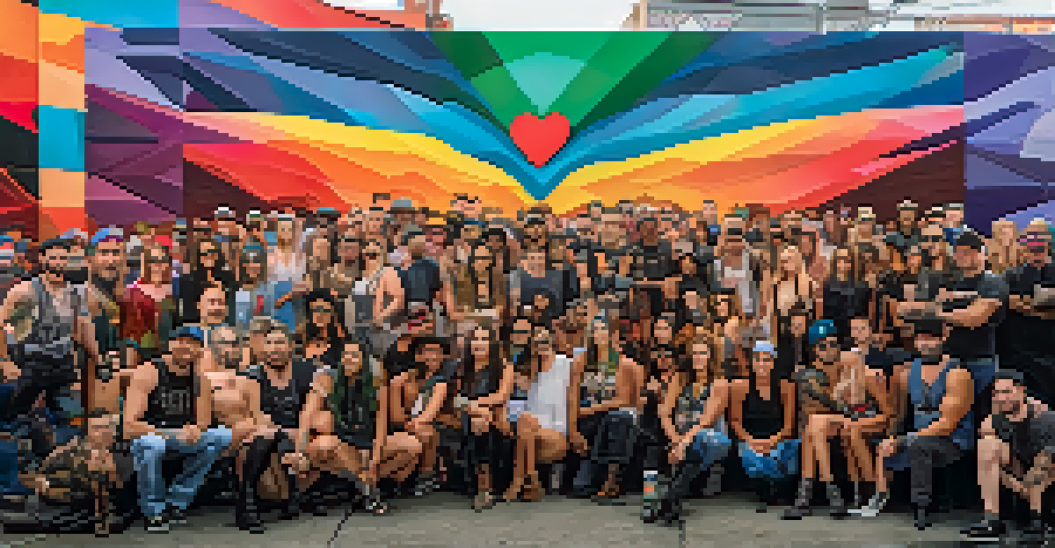 An artistic mural at the Folsom Street Fair surrounded by attendees, with soft lighting enhancing the creative atmosphere.