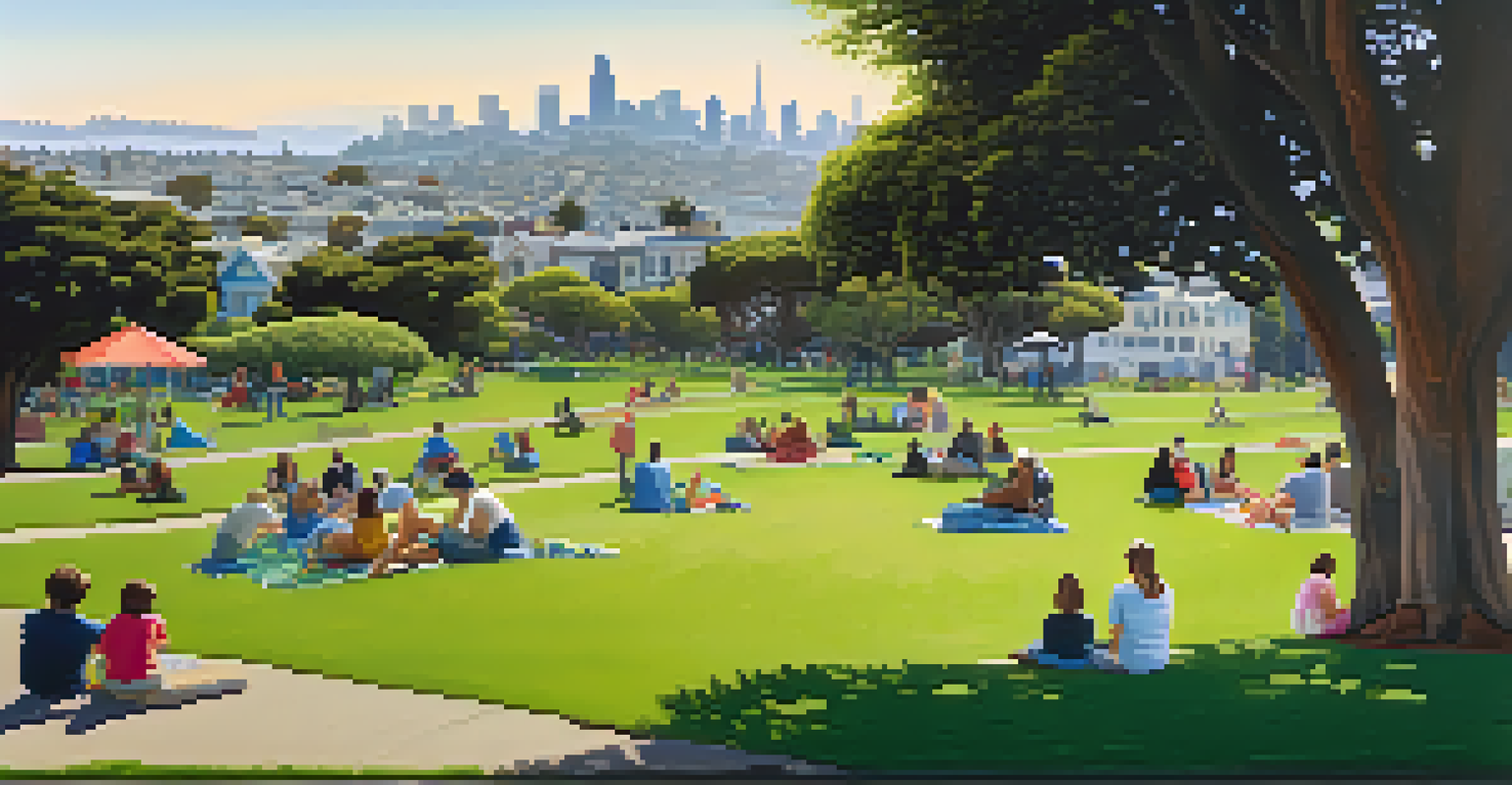 A peaceful scene in Dolores Park, with green lawns, playgrounds, and the San Francisco skyline visible in the background, along with people enjoying the park.